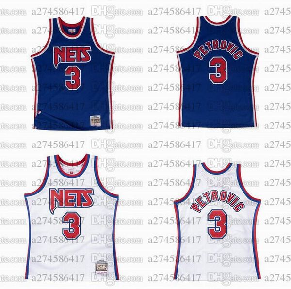 

men women youth basketball brooklyn nets 3 drazen petrovic 1992-93 white hardwoods classics retro jersey, Black;red
