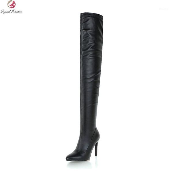 

boots original intention fashion women thigh high pointed toe heels black white ladies shoes woman plus us size 3-161