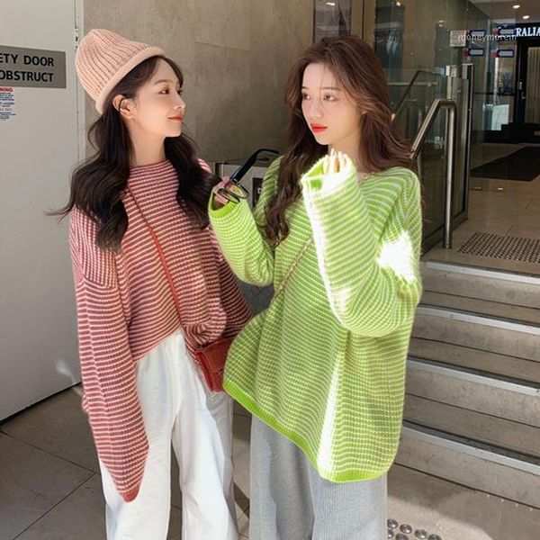 

women's sweaters covering yarn knitted sweater women 2021 fall winter korean style casual loose striped pullover knitwear orange green, White;black