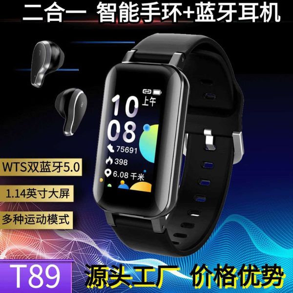 

t89 color screen binaural heart rate and blood prsure monitoring headset bracelet two in one intelligent opposi