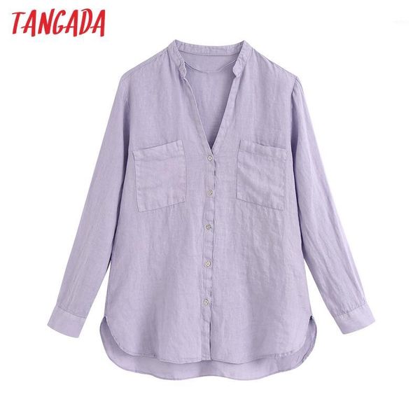 

tangada women lavender cotton linen shirts long sleeve pocket v-neck elegant office ladies work wear blouses be7441, White
