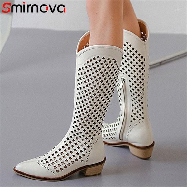 

smirnova european style riding boots women genuine leather thick heel summer shoes hollow out pointed toe knee high boots women1, Black
