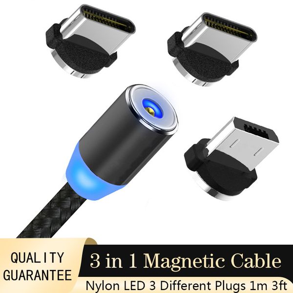 

3 in 1 magnetic charger cable 2a nylon led glowing cord 1m micro usb type c cables for samsung huawei
