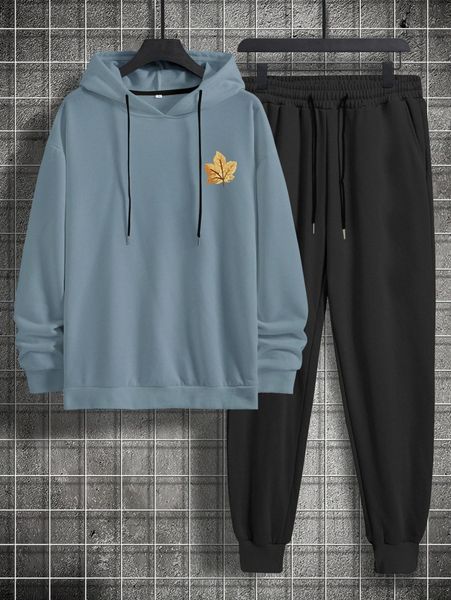 

men maple leaf print drawstring hoodie & sweatpants w1lz#, Gray