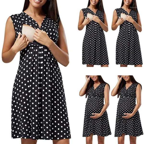 

pregnancy &maternity clothings pregnant dress 2020 summer new mom polka dot black v-neck lactation dress1, White