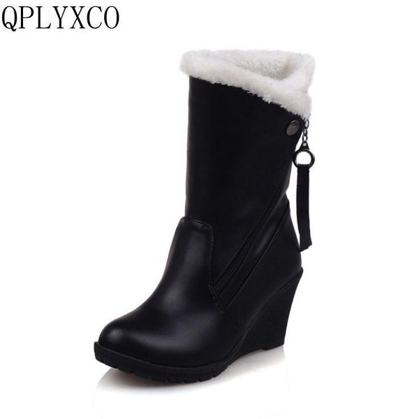 

qplyxco 2020 big size 30-52 russia women winter warm snow boots ladies sweet mid calf botas woman round toe zipper shoes 1573, Black