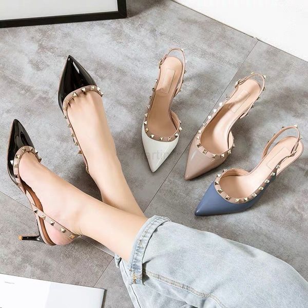 

2021 spring designer and summer women sandals fashion rivet thin heel business shoes luxury ladies high heels wedding party, Black