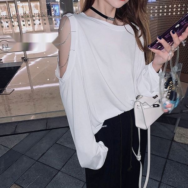 

5p0tc white long sleeve coat fashion new t-shirt women 2020 autumn nlt93 loose korean fashion sexyshoulder women's t-shirt short