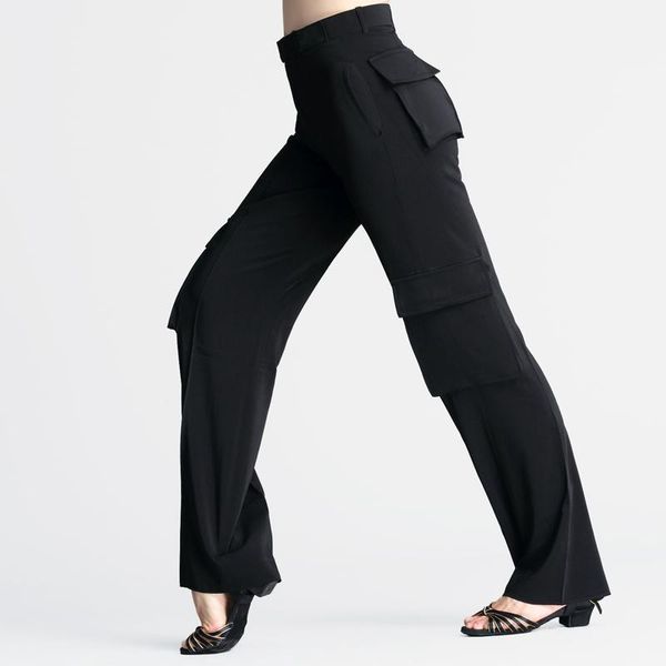 

professional latin trousers with pocket women/men black wide leg latin dance pants boys ballroom practice dance wear1, Black;red