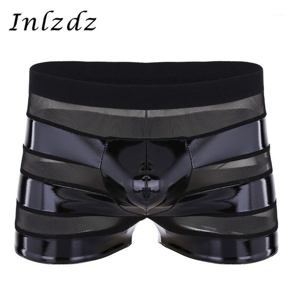 

mens sissy underwear wetlook leather boxer shorts mesh patchwork stripe low rise exotic underwear male lingerie panties1, Black;white