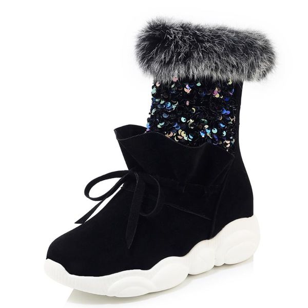

boots frosted black stitching sequined fabric mid-calf lace pu shiny circle women's artificial fur shoes