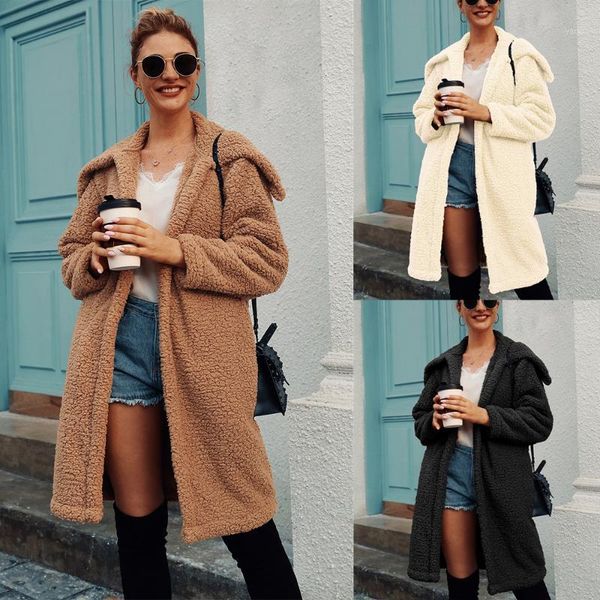 

womens long sleeve solid fuzzy fleece open front faux fur large lapel cardigans jacket coats outwear with pocket1, Black