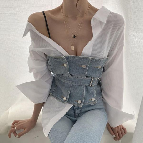 

korea girl female 2021 new autumn chic personality lapel stripe shirt belt tube cowboy women two piece outfits b772, White