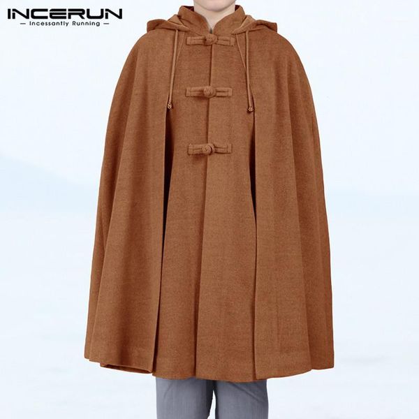 

winter men solid color retro cloak hooded cape jackets fashion baggy casual fleece ponchos mens trench hoodie streetwear incerun1, Tan;black