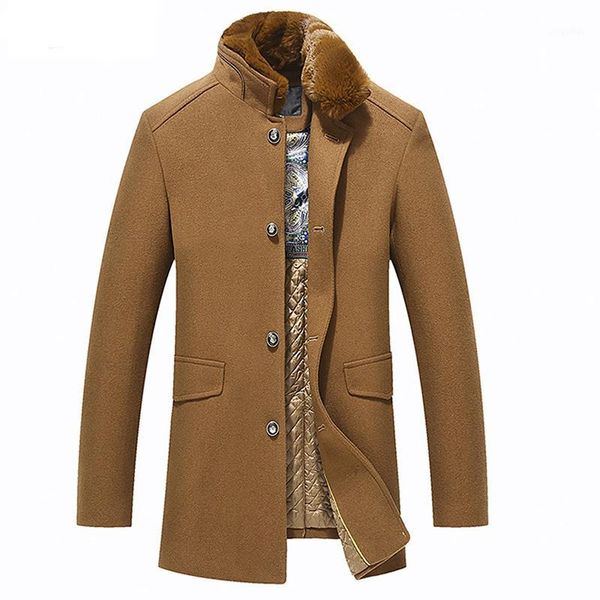

52.4% woolen long jacket men detachable fur collar solid color thick men's business overcoat 2019 winter warm wool coat1, Black