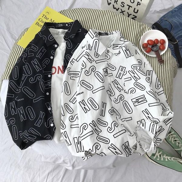 

autumn new casual shirt men fashion letter printing trend wild streetwear hip hop long-sleeved shirt man hawaiian male1, White;black