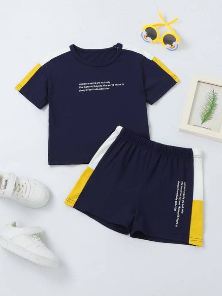 

toddler boys slogan graphic contrast side seam tee & shorts she, White