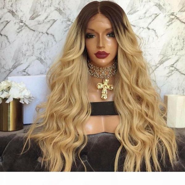 

synthetic lace front wigs ombre blonde long body wavy hair with brown roots lace front women wig part heat resistant, Black
