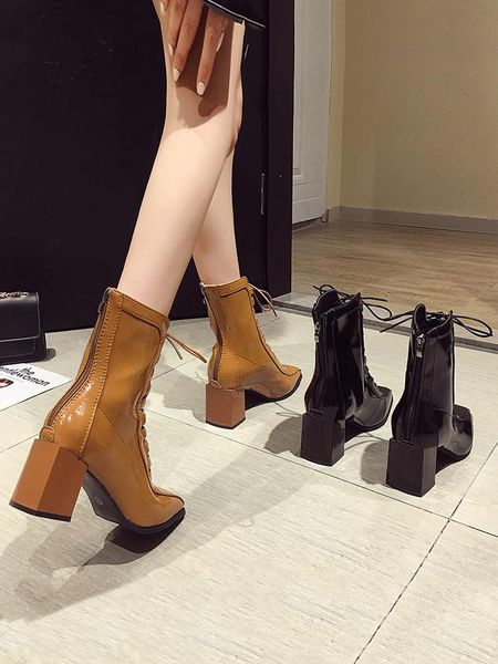

women's shoes boots autumn 2020 new thick heel lace zipper mid-tube boots motorcycle, Black