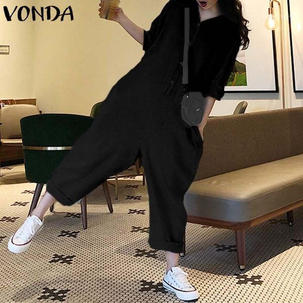 

rompers womens jumpsuit vonda long sleeve lapel neck button overalls plus size playsuit casual loose wide leg pants1, Black;white