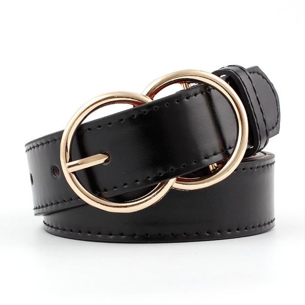 

female gold round pin buckle wide jean waist belt new pattern casual eyelets pu leather belt for women double loop pin buckle, Black;brown