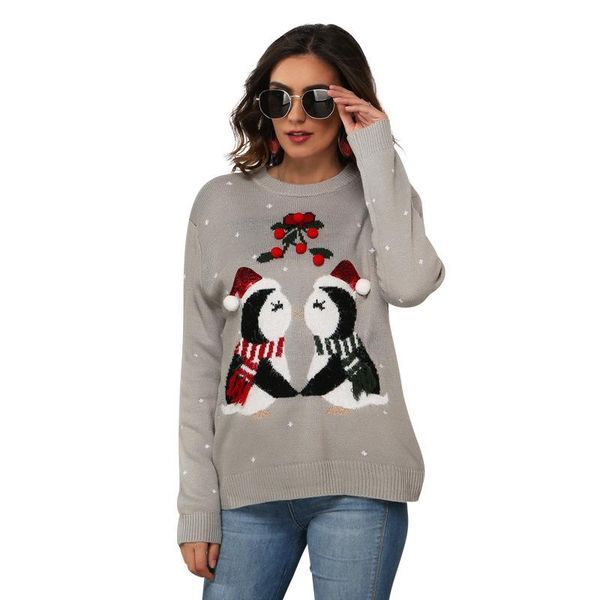 

whzhm red christmas pullovers women winter feminina appliques little penguin party loose long sleeve o-neck sweater ladies, White;black