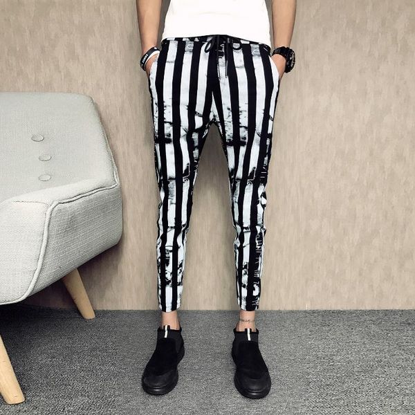 

men's pants spring summer streetwear striped harem men clothes 2021 ankle length slim fit casual trousers male all match white 34, Black