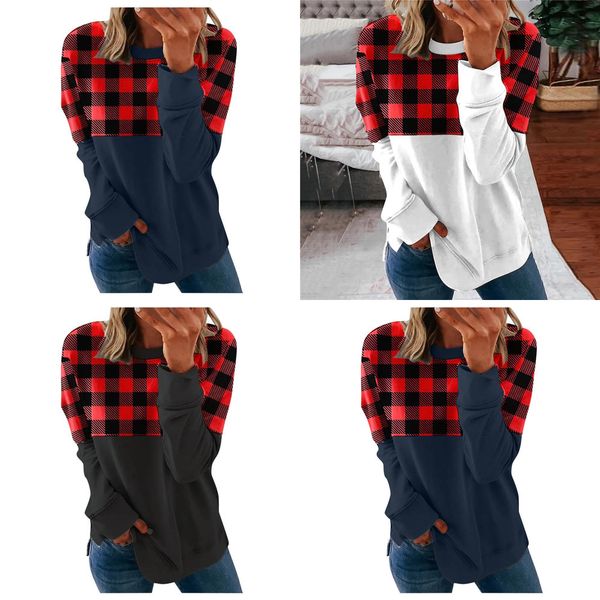 

plus size spring autumn women patchwork plaid t-shirt long sleeve round necks fashion loose blouse casual sports home clothes g11401, Blue;red