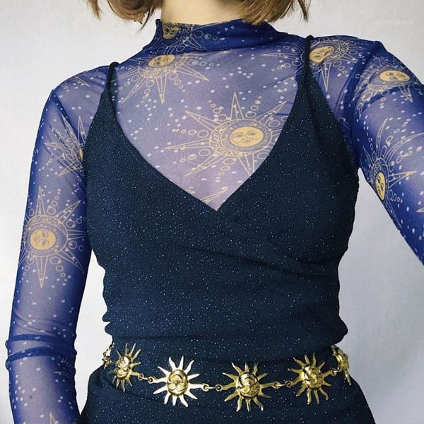 

rosetic gothic women short t-shirt transparent sun moon print angel fashion crop club streetwear tshirt summer1, White