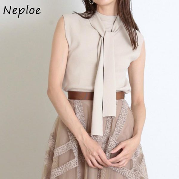 

women's t-shirt neploe autumn chic tie collar knitted 2021 fashion elegant solid color french style vintage t shirts 1g886, White