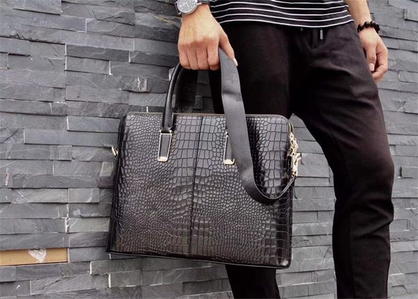 

brand designer men briefcase black genuine leather alligator pattern designer handbag