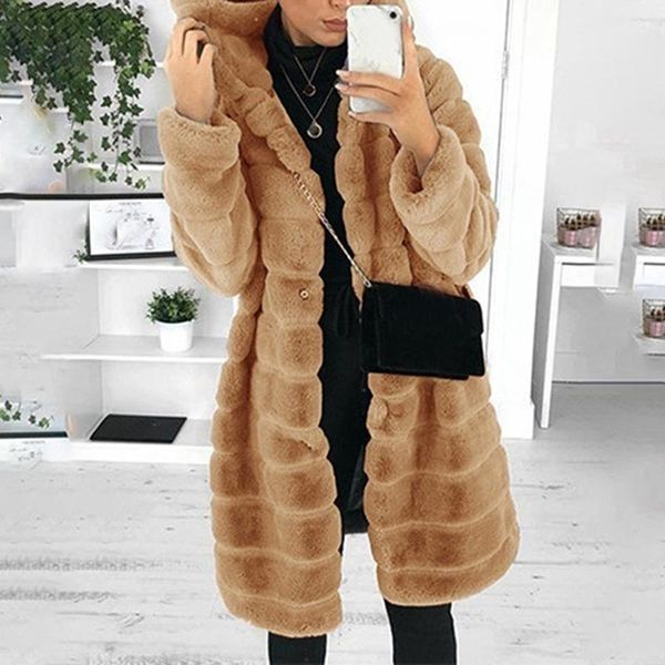 

laamei women fleece jakcet winter solid warm teddy coat women faux fur long jacket hooded overcoat lamb fur coat outerwear, Black
