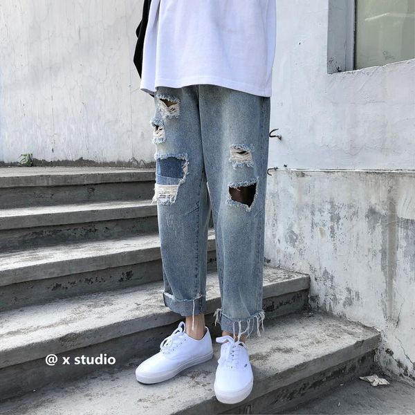 

recommend fabulous summer men's patch hole baggy homme cargo pocket jeans male casual pants light blue color trousers s-2xl
