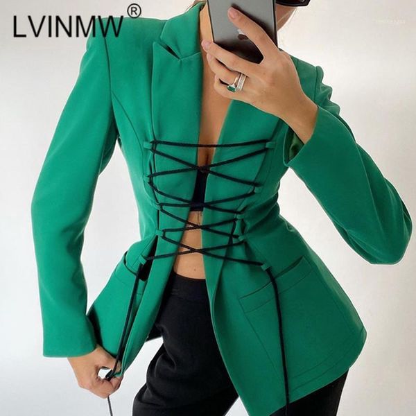 

lvinmw notched full sleeve front lace up cardigans pockets solid stylish slim office lady blazers for women elegant autumn coat1, White;black
