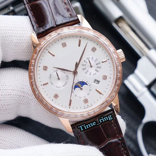 

version 5147g-001 white date dial rose gold diamond bezel 9100 multifunctional movement sapphire mens watch leather strap luxry watches, Slivery;brown