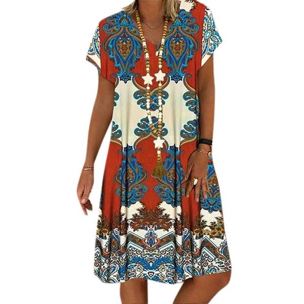 

elegant v neck dress womens dress summer robe femme plus size vintage print short sleeve vestidos de mujer 2020, Black;gray