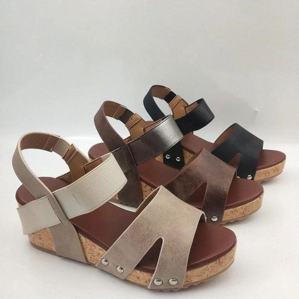 

2020 new women's wedges shoes for women solid shallow open toe slip-on women sandals summer rivets retro zapatos de mujer pu #ue22, Black