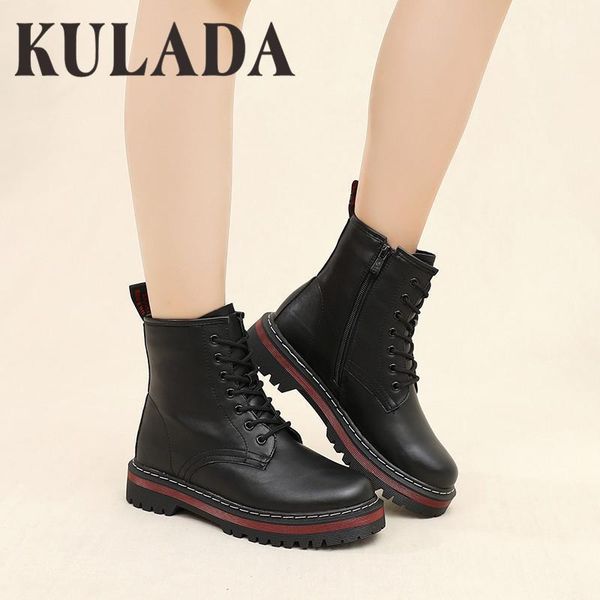 

kulada motorcycle boots ladies vintage combat winter boots army punk goth women women biker leather plush super warm1, Black