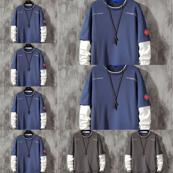 

autumn 2020 round neck fake sweatert-shirt sweatertwo piece sweater men's trend ins spring and autumn long sleeve t-shirt men's ho, Black