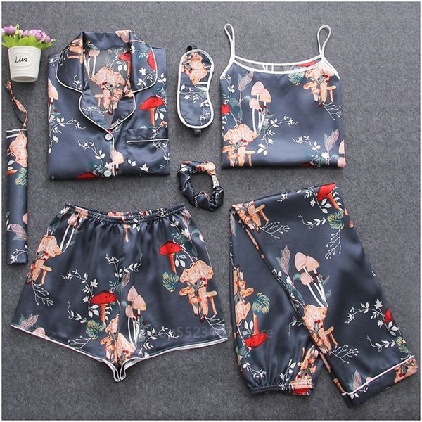 7 pcs Mulheres Roupas Home Desgaste Pijama Set Imprimir Satin Silk Nightwear Espessura Lingerie Macio Top + Calças + Shorts + Colete + Blindfold Y200708