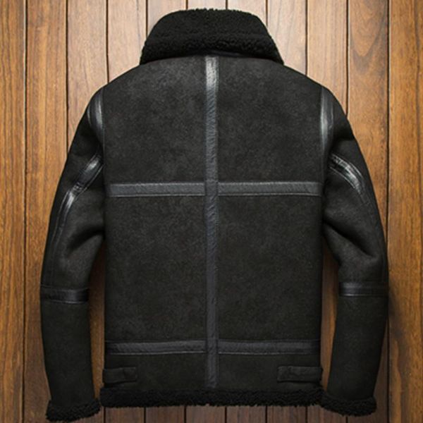 

men's leather & faux real fur men plus size wool jacket short motorcycle sheep shearing winter coat for mens clothing veste homme 5262, Black