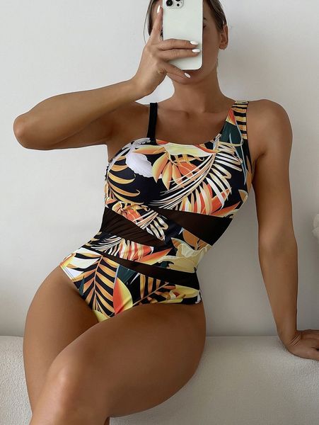 

tropical print contrast mesh one piece swimsuit n1uj#, White;black