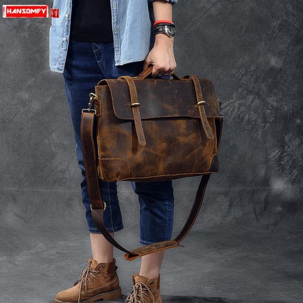 

retro imported leather men handbag male 14 inch lapbag business briefcase shoulder messenger bags crazy horse leather bag
