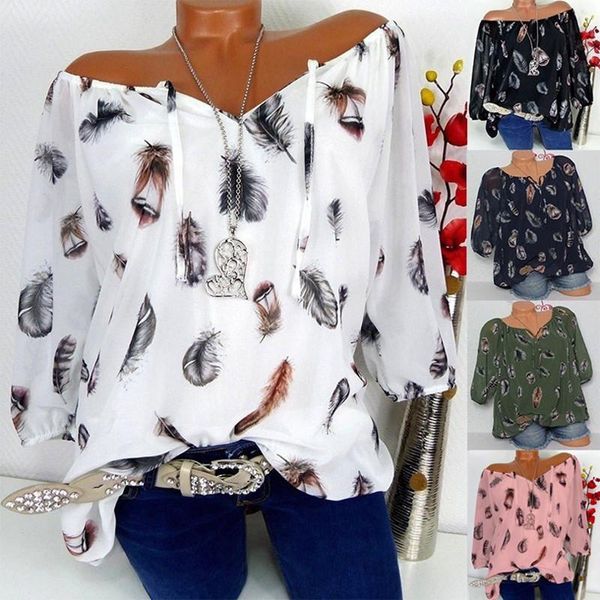 

loose feathers print v-neck half sleeve chiffon shirt casual plus size women clothing mujer verano blouse femme vetement, White