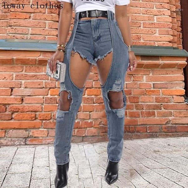 

long short patchwork jeans women hole denim pants female new style fashion high waist long trousers1, Blue