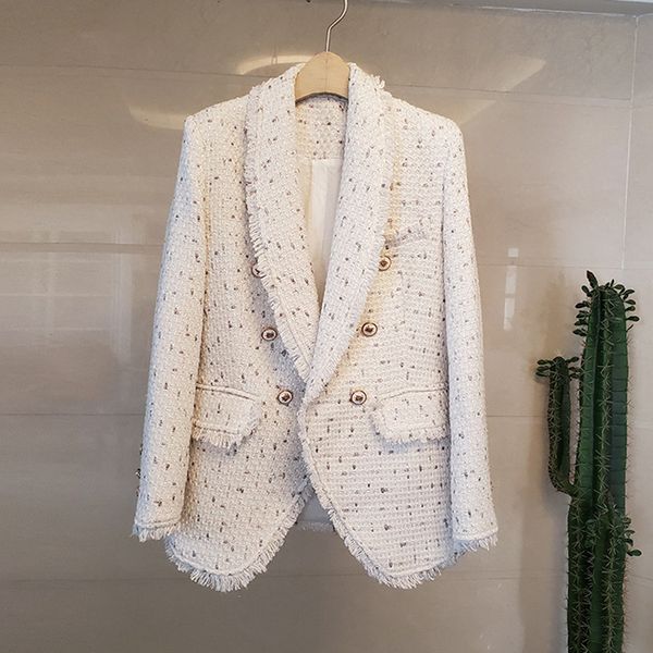 

2020 autumn winter women elegant buttons tassel tweed blazer coats female slim shawl collar jackets white black y711