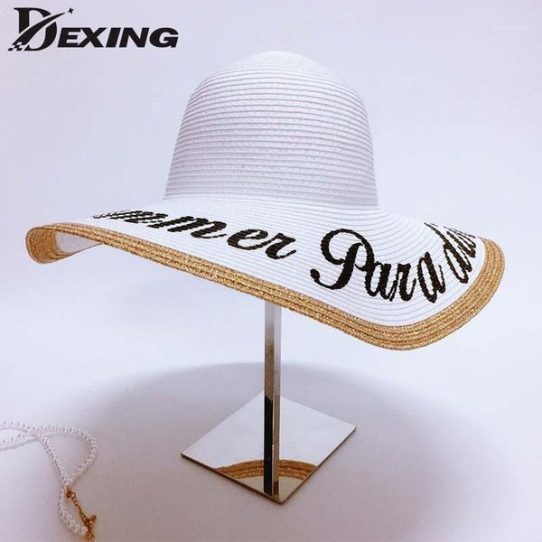 

wide brim hats wholesale- [dexing] letters anti-uv sun straw hat women folding summer for beach cap ladies1, Blue;gray