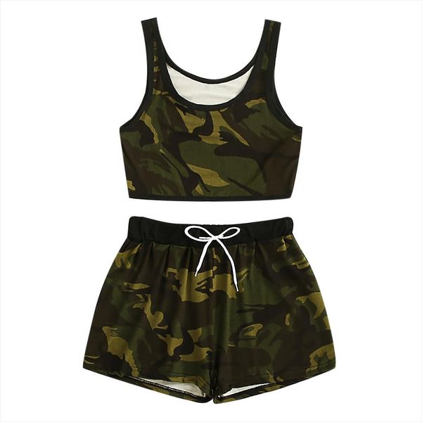 

sexy chest женщины камуфляж наборы crop top и высокой талии короткие шорты фитнес набор camo отпечатанных повседневный костюм 2 шт sports se, Gray