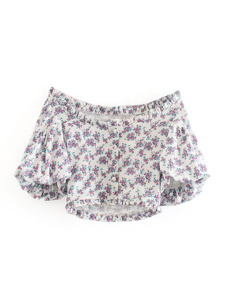 

2021 new lazy frenchman vintage floral short sleeve droop square turtleneck slight elasticity waistcoat women's blouses d78r, White