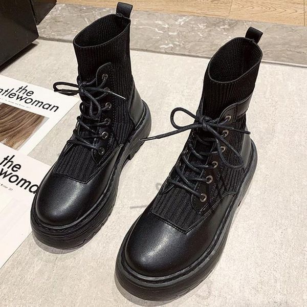 

2020 autumn and winter boots new martin boots women's lace-up flat ankle women thick-soled knitted elasticity socks, Black